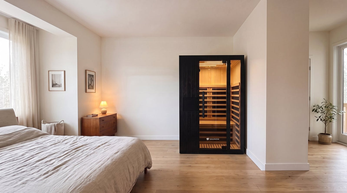 Black Saunom infrared sauna standing in a bedroom next to the bed