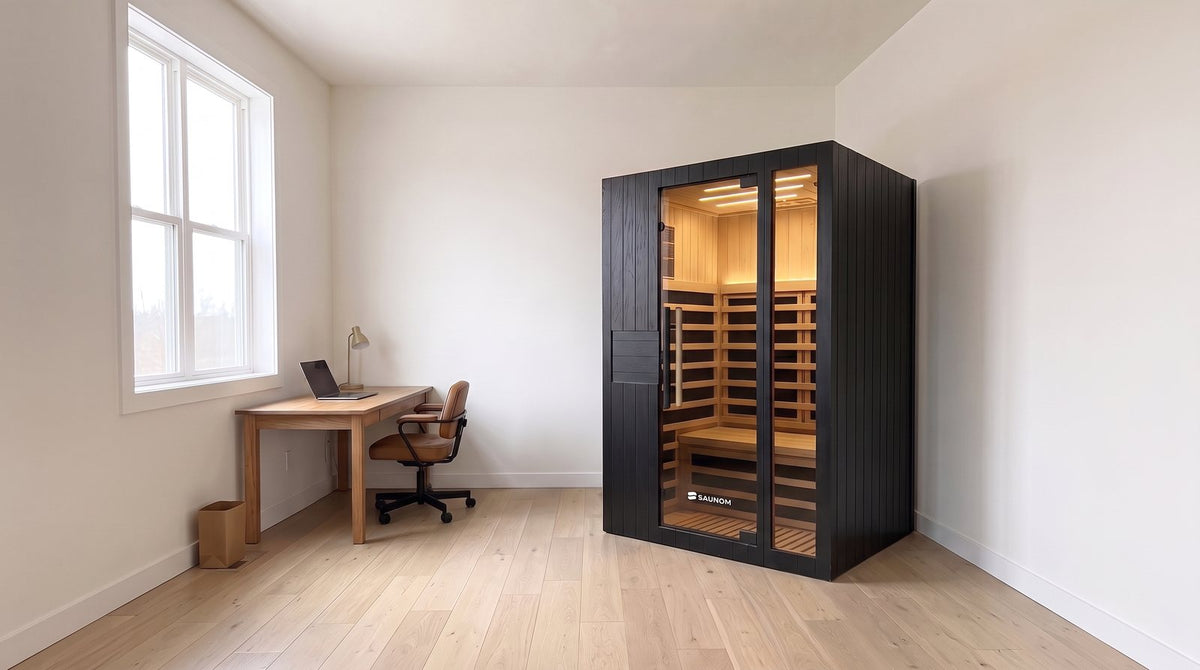 Black Saunom infrared sauna in a home office next to a desk