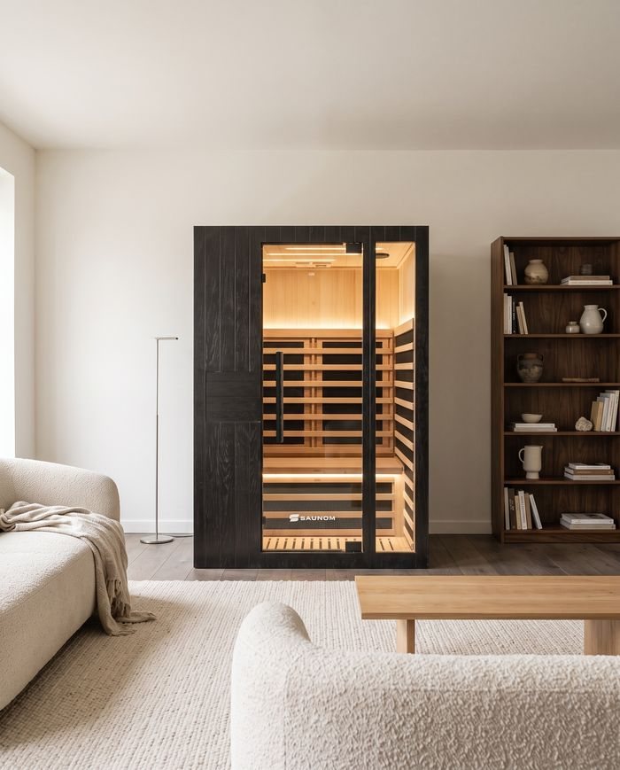 Black Saunom sauna in a living room beside a bookshelf