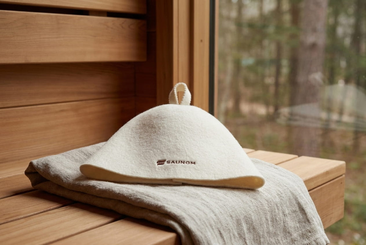 A cream wool Havu sauna hat laid flat on a linen towel to dry, the correct way to dry a wool sauna hat.