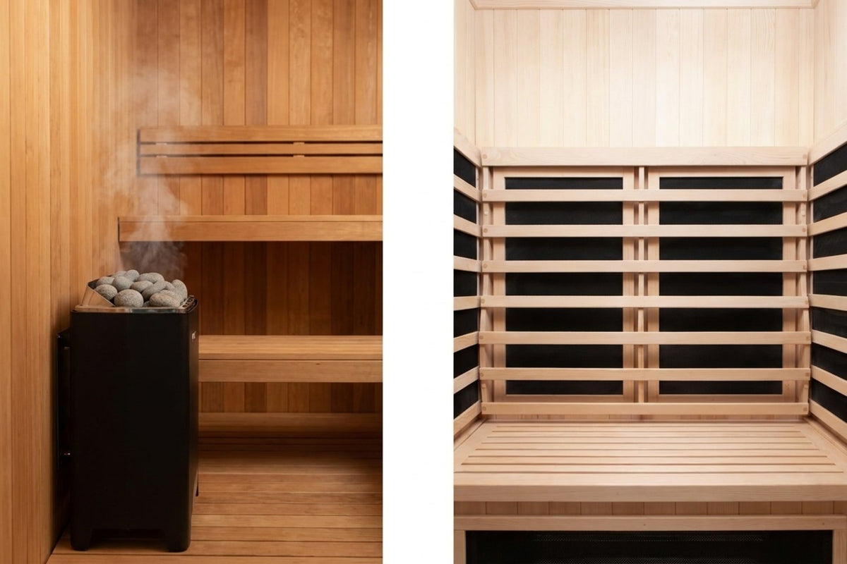 Side-by-side comparison of a traditional Finnish sauna with a stone-filled heater and steam on the left and an infrared sauna cabin with carbon heater panels behind wood slat guards on the right.