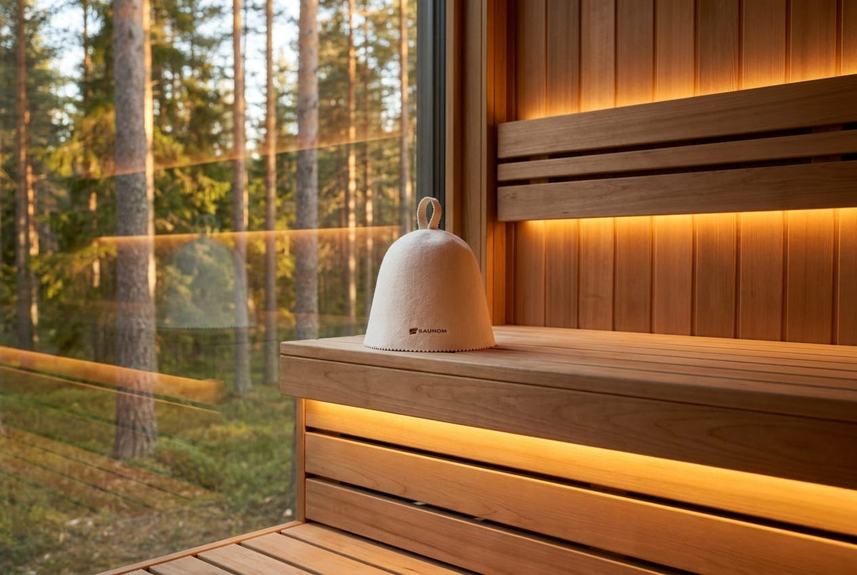 A white felted wool Havu sauna hat resting on the cedar bench of a warm Finnish sauna with a forest view.
