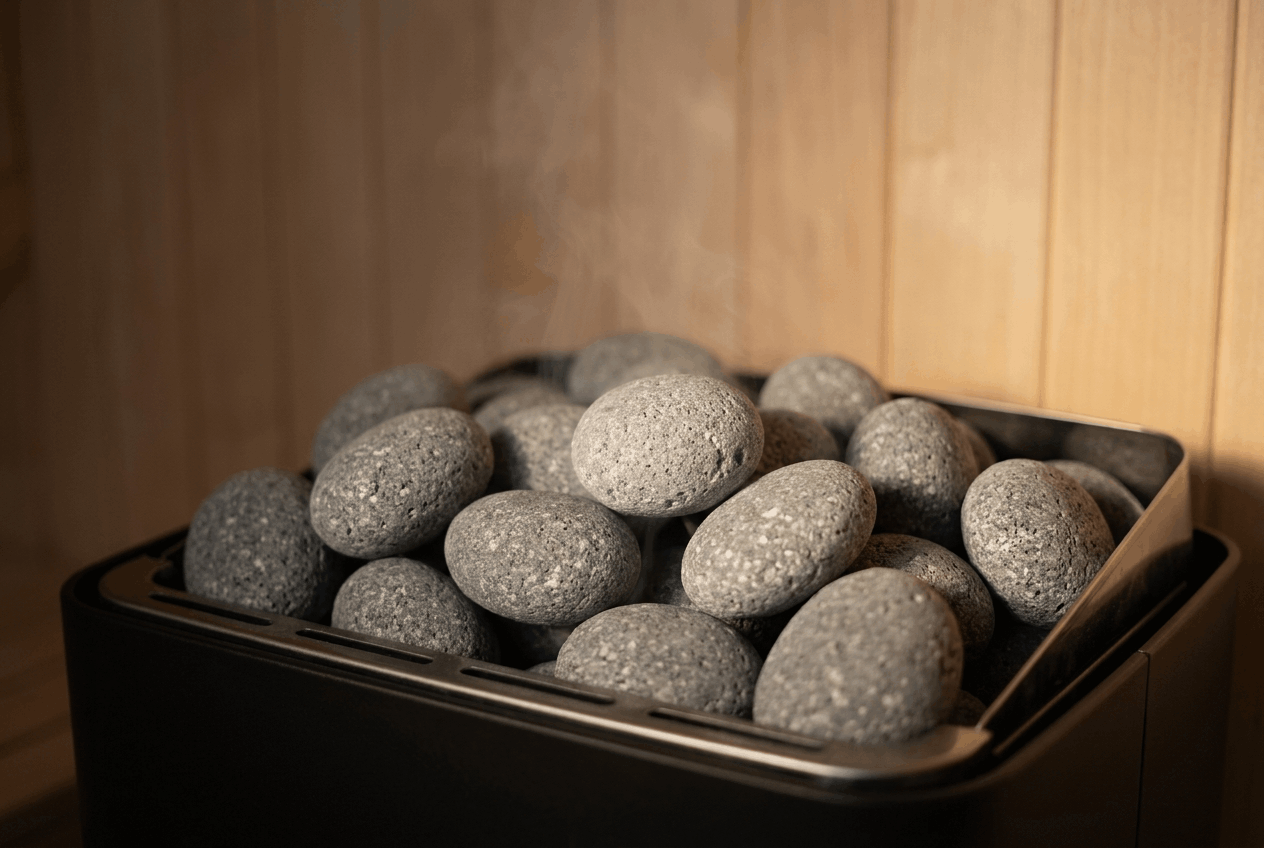 A residential electric sauna heater filled with loosely stacked gray volcanic sauna stones with white speckling, in a warm pale-wood Finnish sauna.