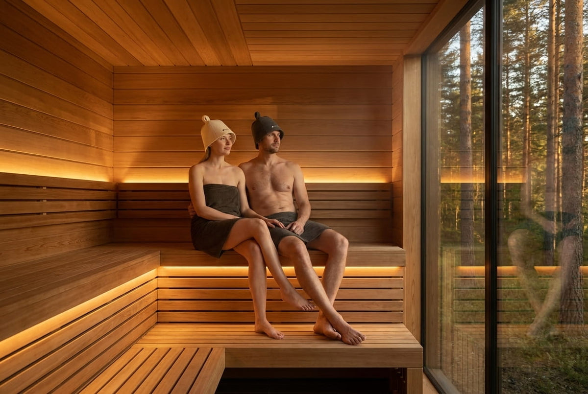 A man in a grey felted wool sauna beanie and a woman in a white flared-brim wool sauna hat on the top bench of a warm cedar Finnish sauna with a forest view.