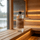 SAUNOM sauna cleaner bottle on a wooden sauna bench with warm LED lighting and forest lake view through the window
