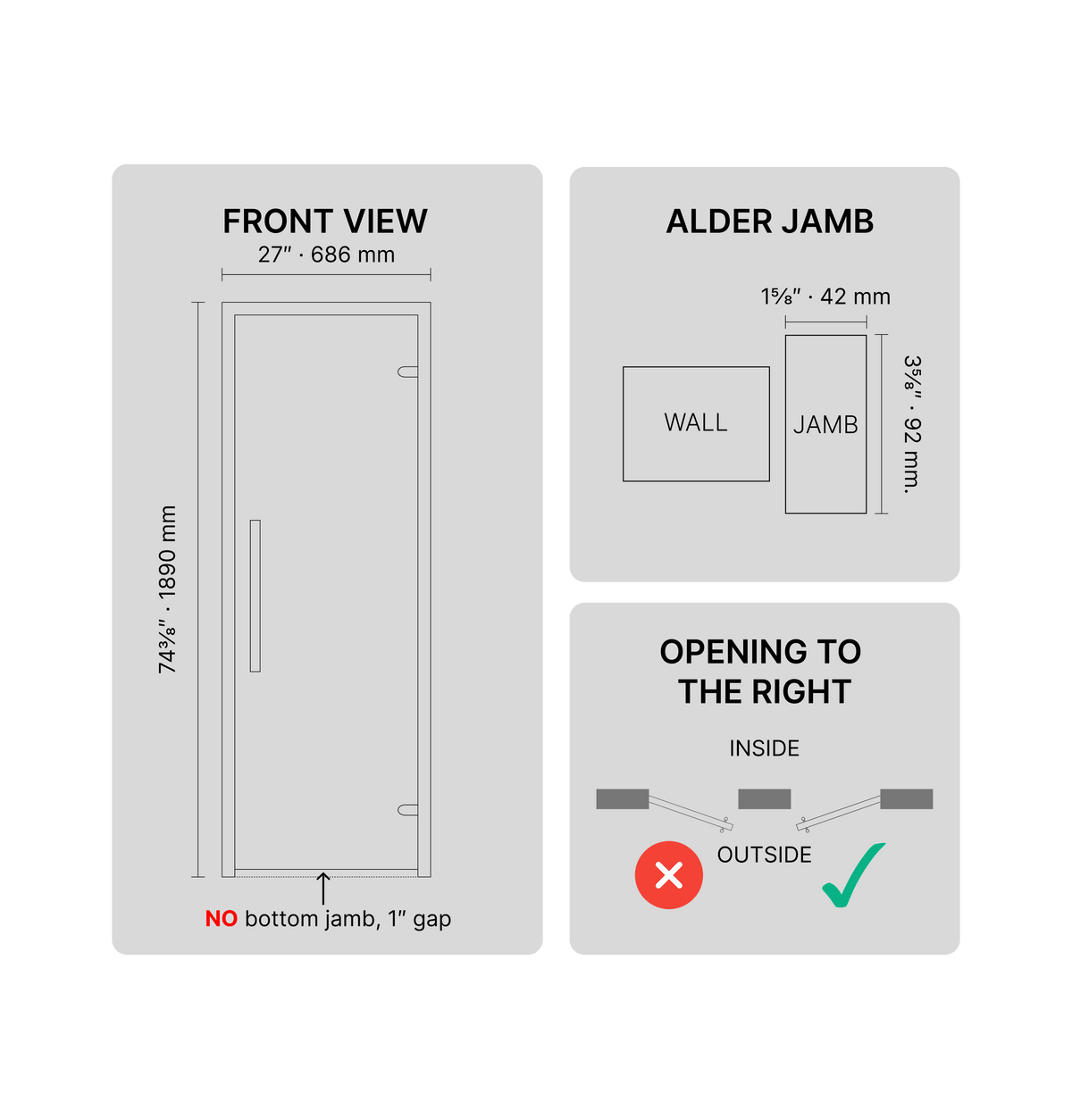 Sauna door dimensions showing alder jamb measurements, right-hand opening and no bottom jamb
