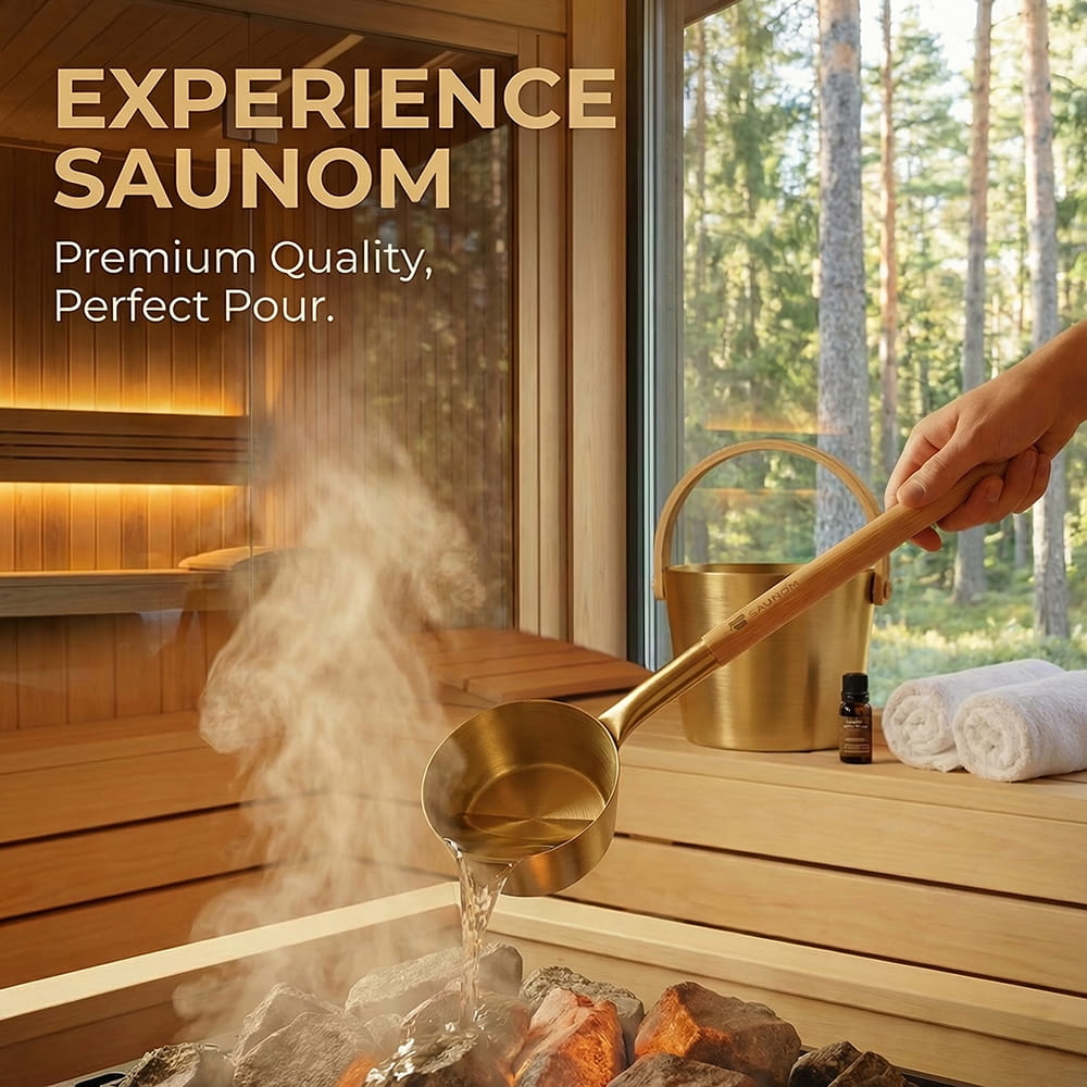 Gold aluminum sauna ladle pouring water over hot sauna stones to create loyly steam