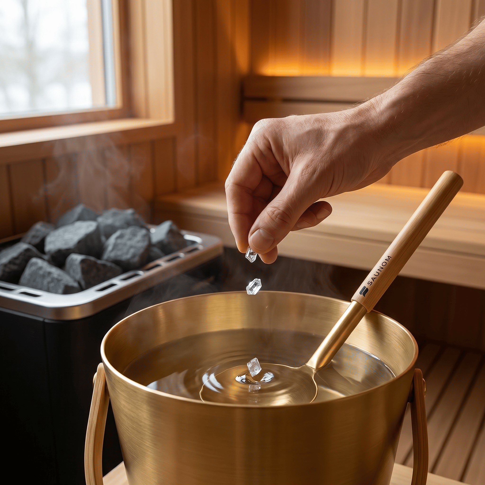 Hand dropping small menthol crystals into a gold sauna water bucket with a SAUNOM ladle resting inside