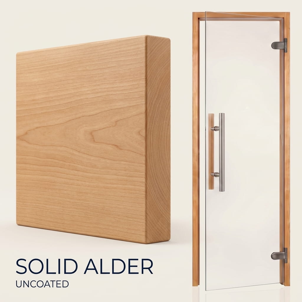 Solid Alder uncoated glass door panel shown as a square wood block sample next to a full framed door with a light natural wood border, clear glass center, and a brushed metal handle. Text reads 'SOLID ALDER UNCOATED'.
