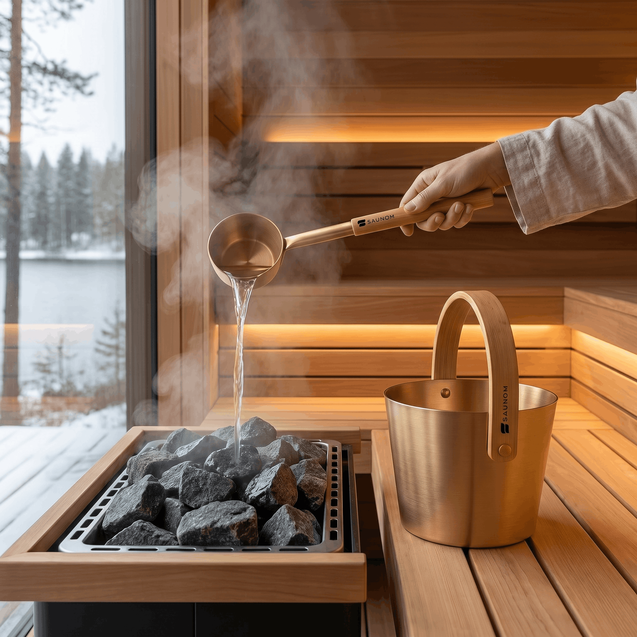 Gold SAUNOM sauna bucket and ladle beside a heater while water is poured over hot sauna stones