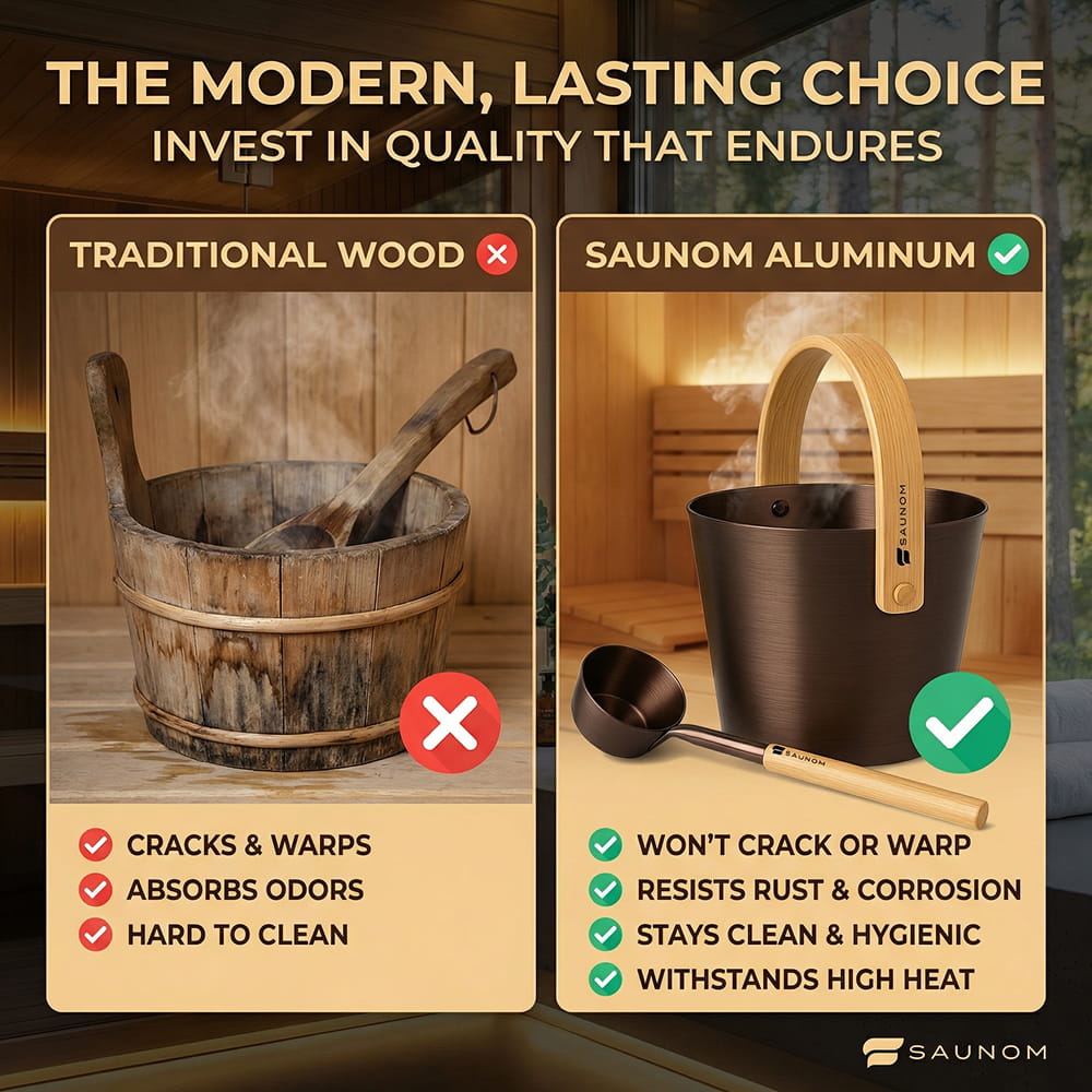 Brown anodized aluminum sauna bucket next to a cracked untreated wooden bucket