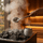 Water being poured onto sauna rocks beside a soapstone aromatherapy cup, releasing thick steam in a wooden sauna