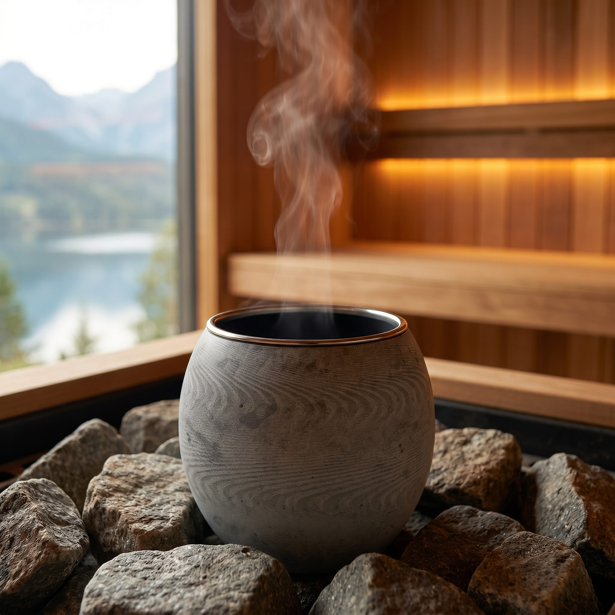 Sauna aromatherapy stone cup releasing steam among heater rocks in a modern wooden sauna