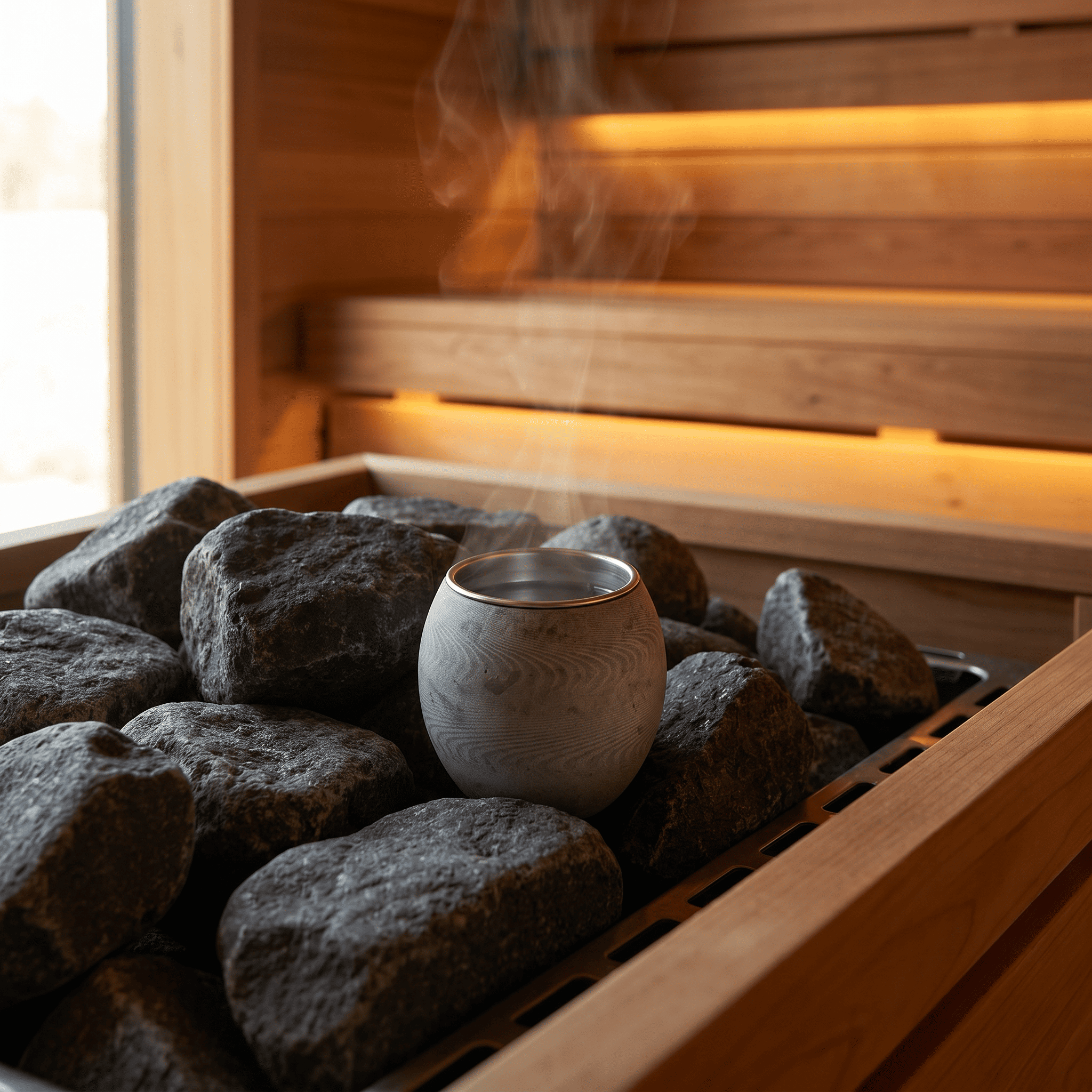 Soapstone aromatherapy cup diffusing steam slowly among dark sauna heater stones in a softly lit sauna