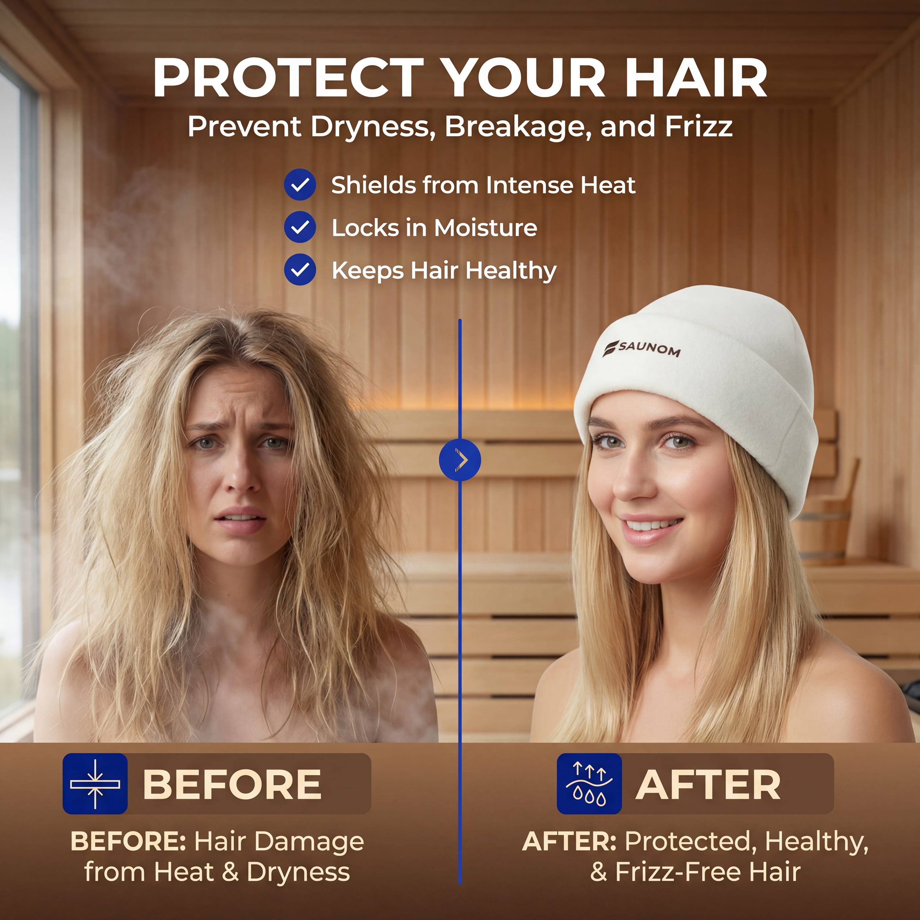 Before and after graphic showing a sauna beanie protecting hair from heat, dryness, breakage, and frizz