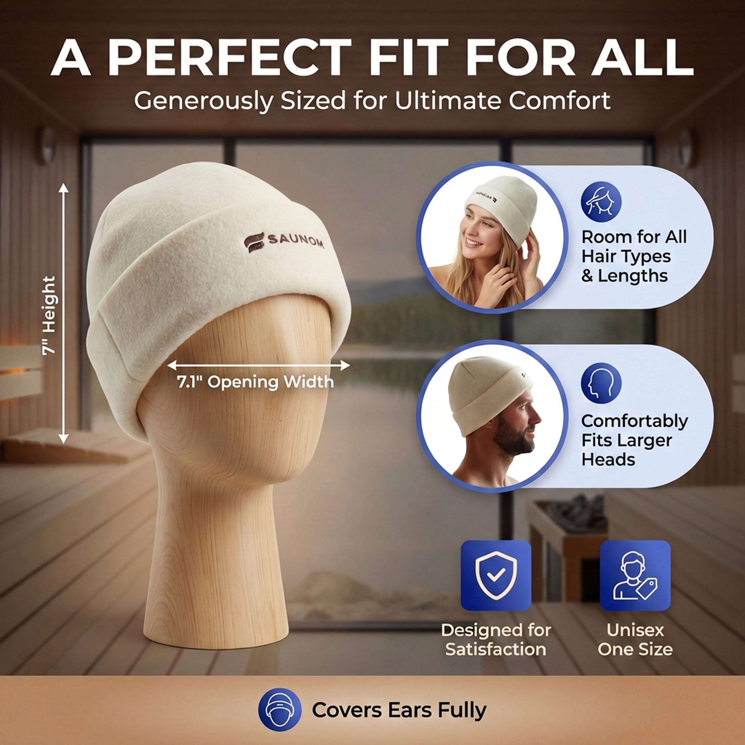 Sauna beanie sizing graphic showing generous fit, ear coverage, and comfort for different head sizes