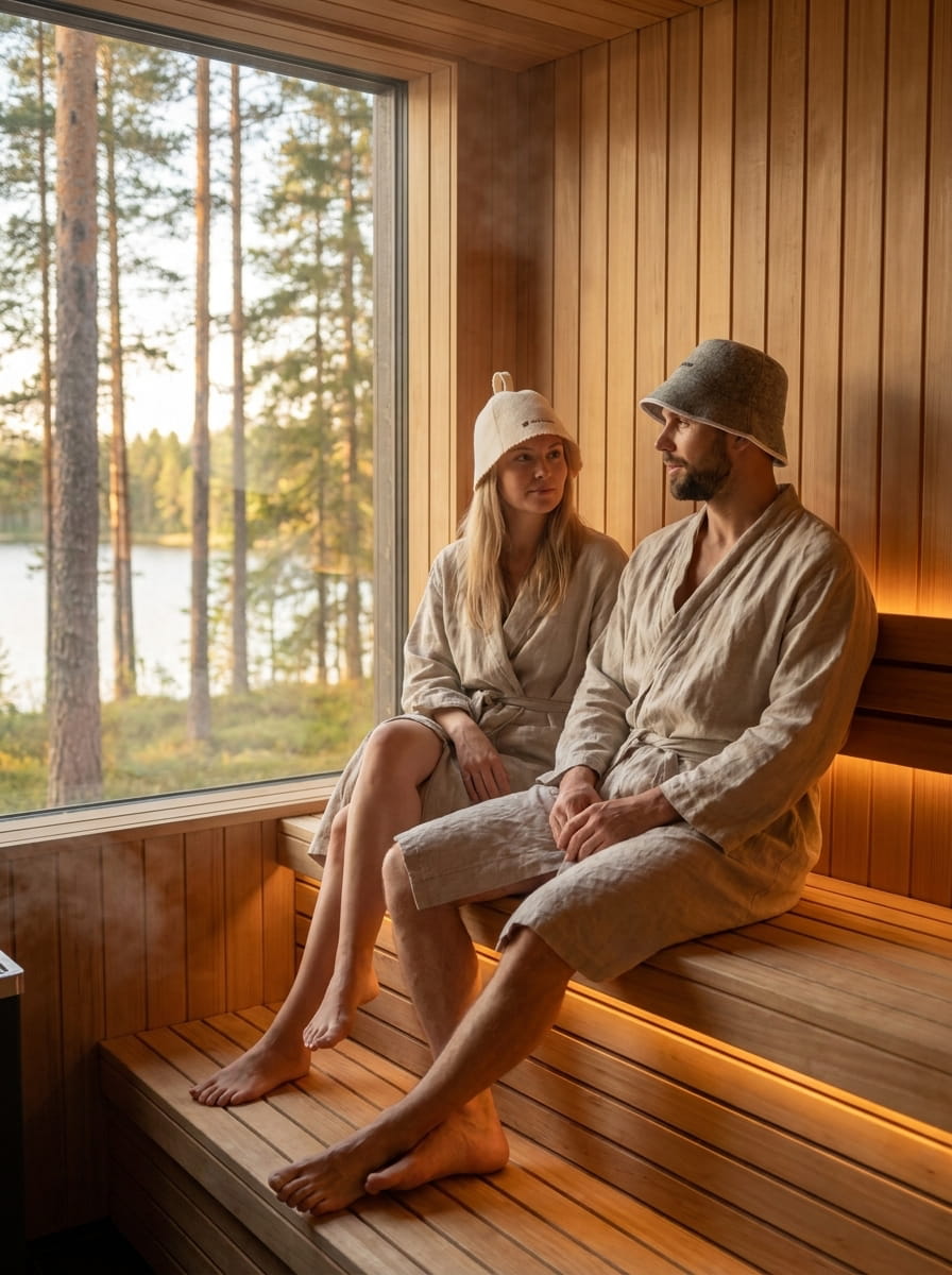 A man and a woman relax on wooden sauna benches inside a wood-paneled sauna with a large window overlooking a forest and lake. The man wears a grey sauna bucket hat and dark swim shorts, and the woman wears a white merino sauna hat and a black swimsuit.
