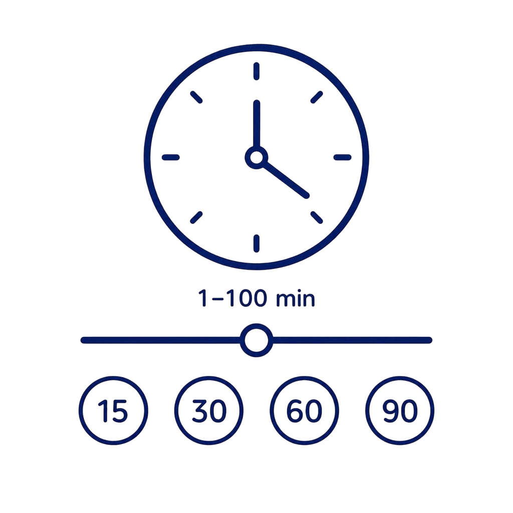 Red light therapy panel timer with adjustable 1 to 100 minute sessions and preset times
