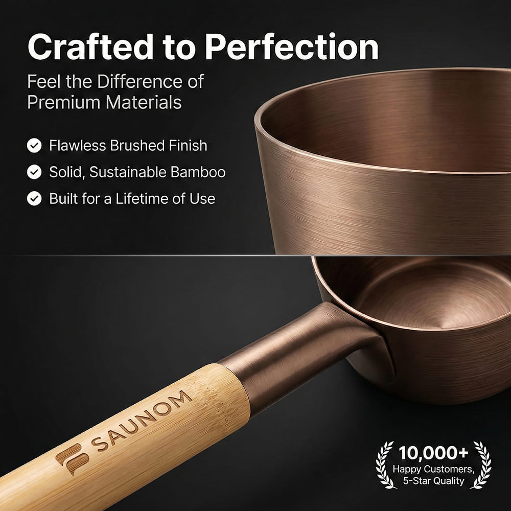 Close-up of the bamboo handle on the brown Saunom sauna bucket showing the cool-touch grip