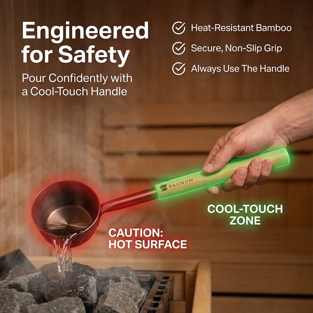 Brown aluminum sauna ladle pouring water over hot sauna stones to make loyly steam