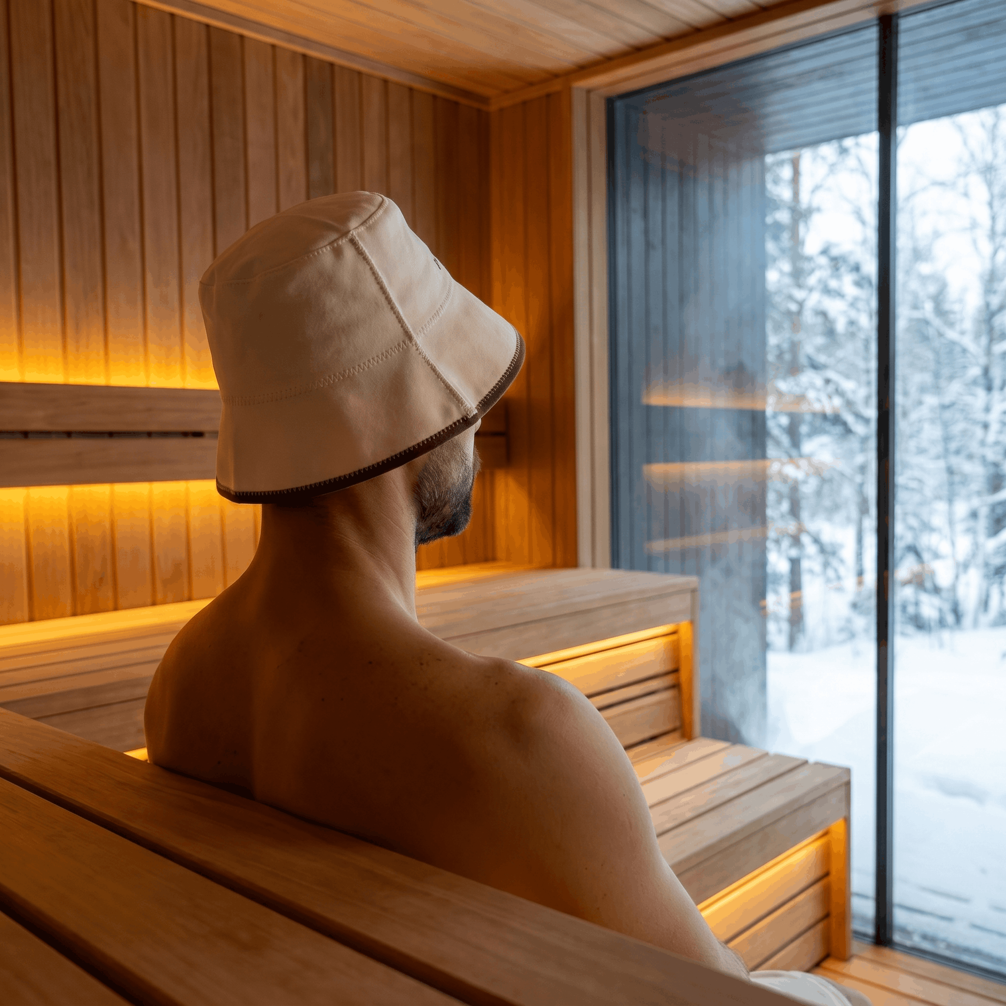 Person sitting in a wooden sauna with a sauna bucket hat on their head, looking out of a window at snowy trees.