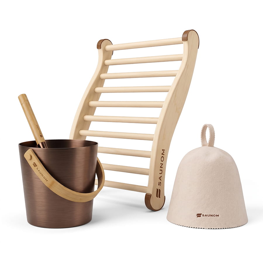 Sauna Accessory Kit: Bucket & Ladle, Backrest & Merino Hat