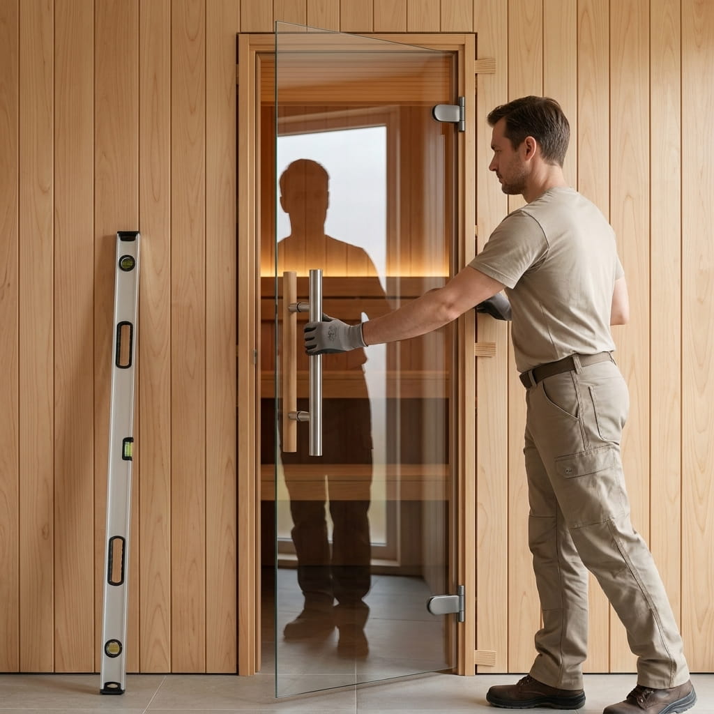 Installer checking the fit and swing of a clear glass sauna door with an alder frame