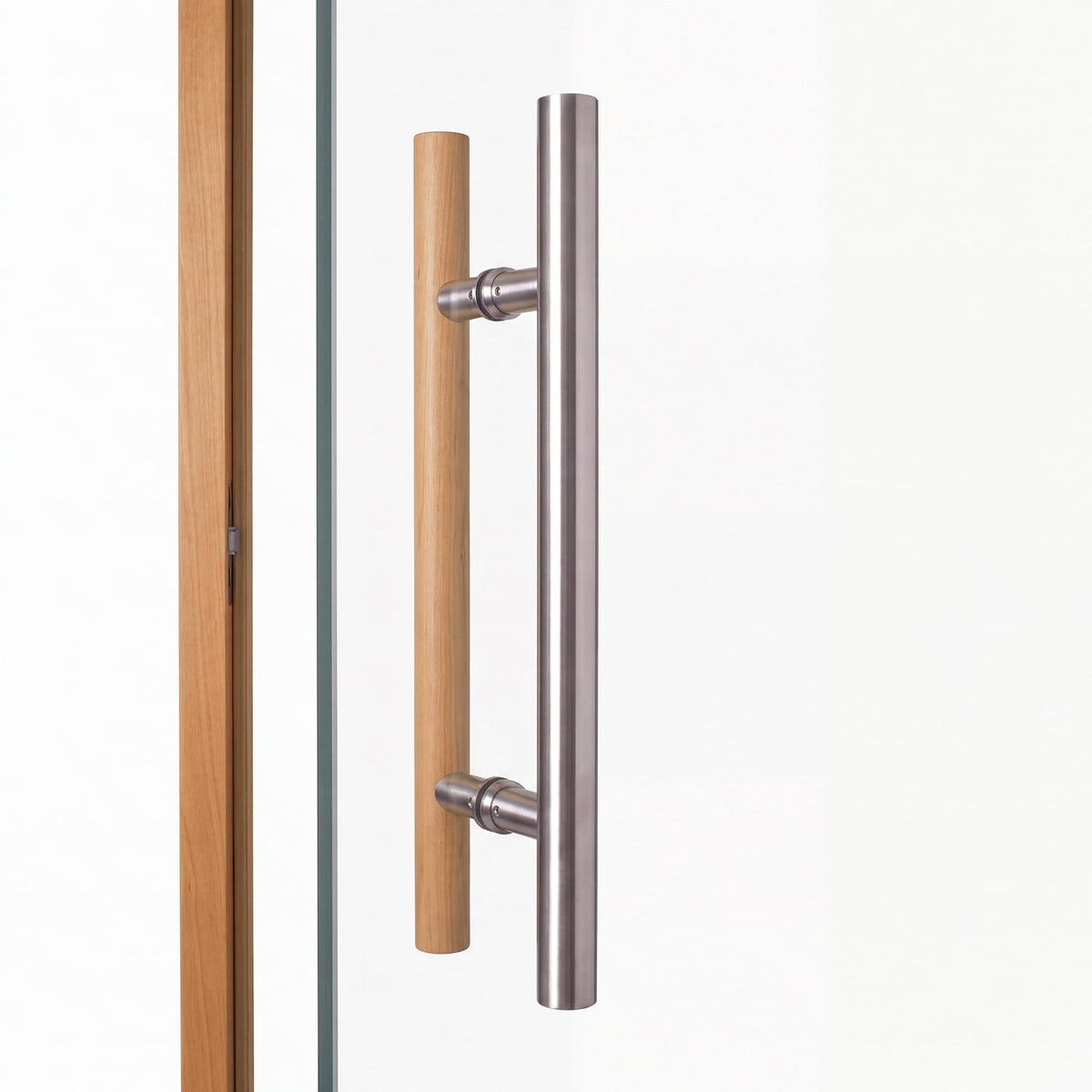 Stainless steel and alder sauna door handle on the Portti clear glass sauna door