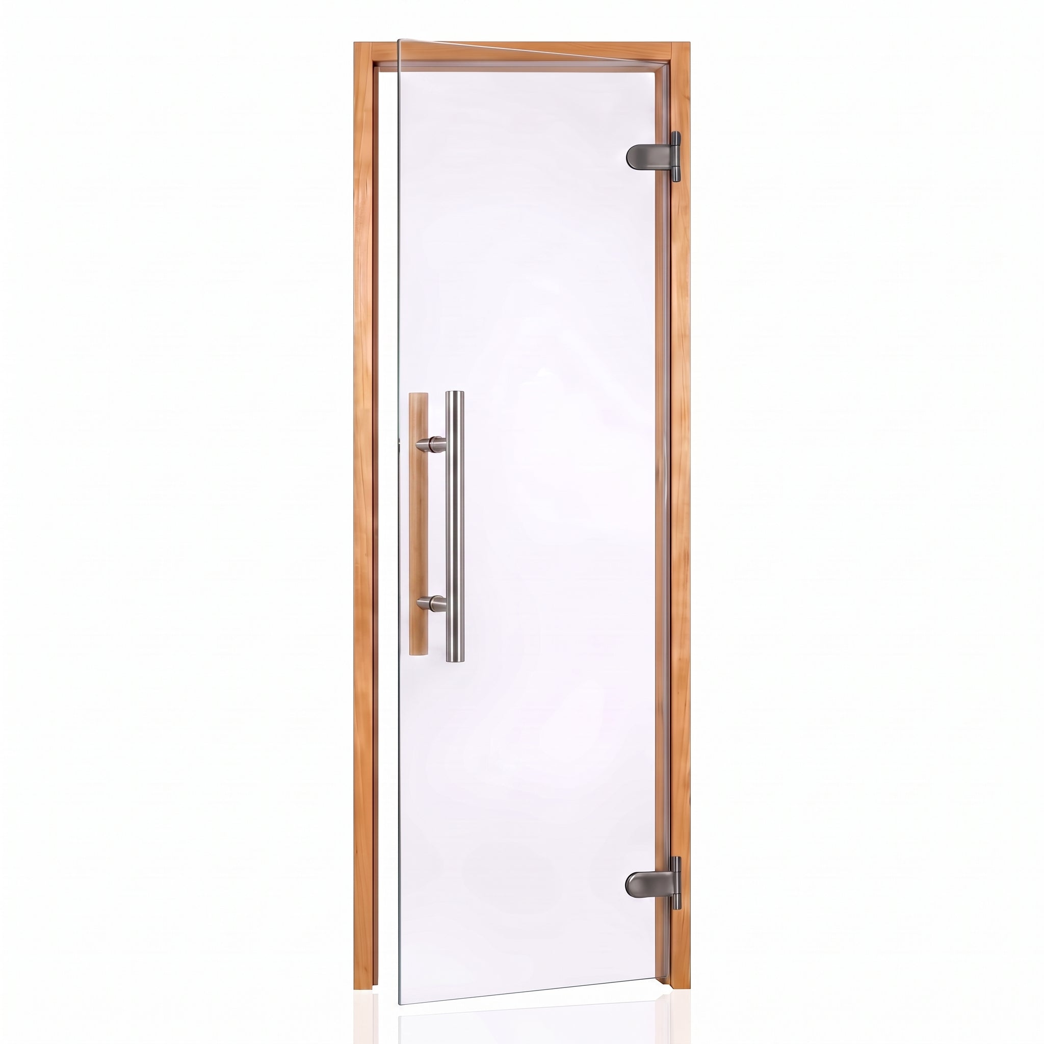 A clear glass sauna door with alder wood frame, featuring a long vertical brushed metal handle and dark metal abloy hinges, shown on a plain white background.