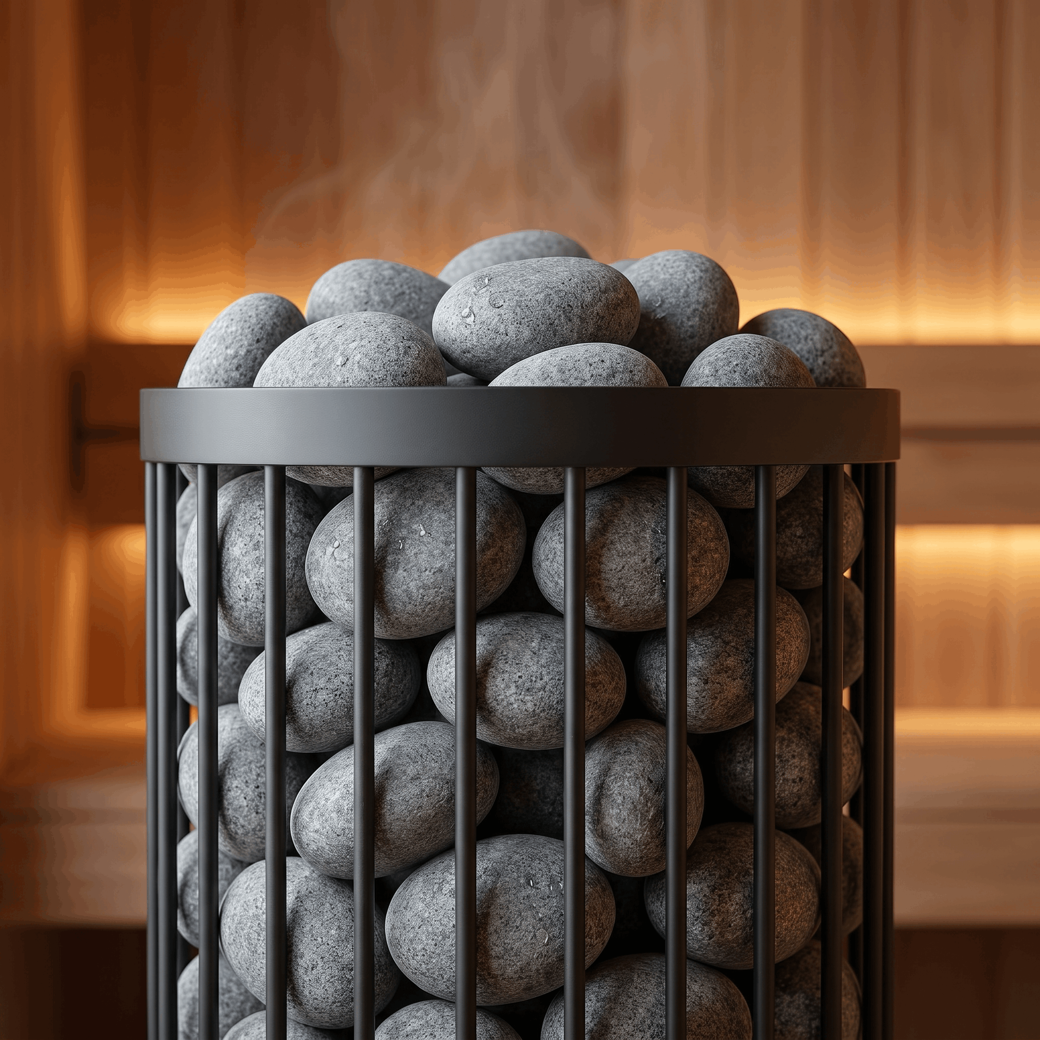 Close-up of rounded sauna stones stacked inside a black heater basket with warm sauna lighting