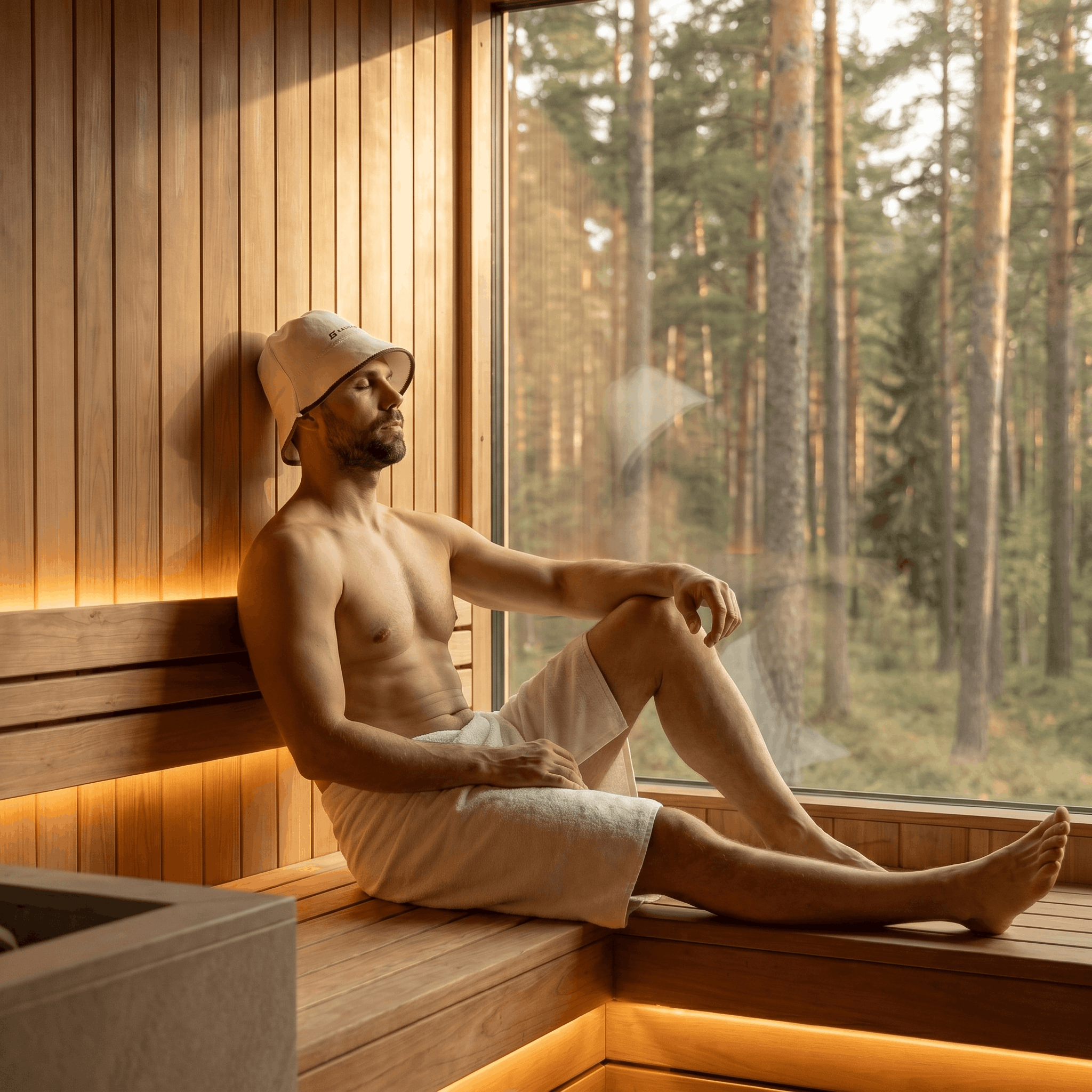 Man sitting in a sauna with a view of trees outside