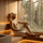 Man sitting in a sauna with a view of trees outside