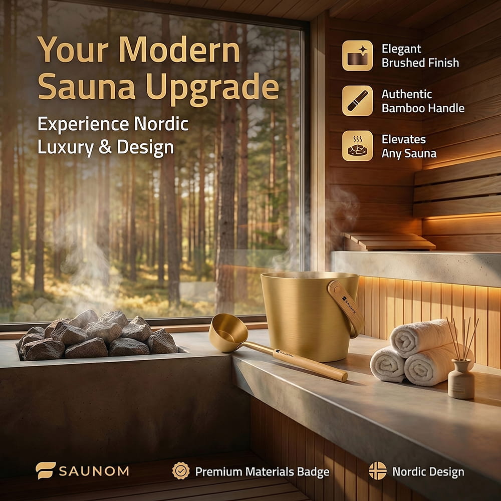 Gold anodized aluminum sauna bucket and bamboo-handled ladle on a wooden sauna bench