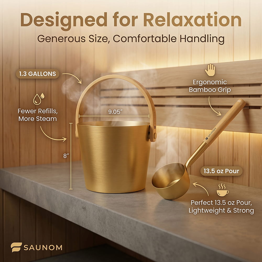 Size guide showing the gold sauna bucket's 1.3 gallon capacity and 13.5 oz ladle