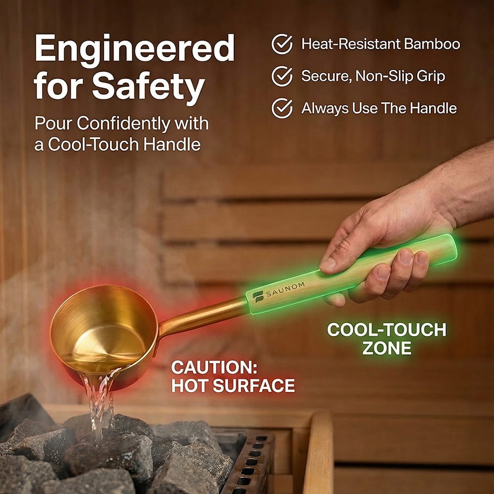 Close-up of the bamboo handle on the gold Saunom sauna bucket showing the cool-touch grip