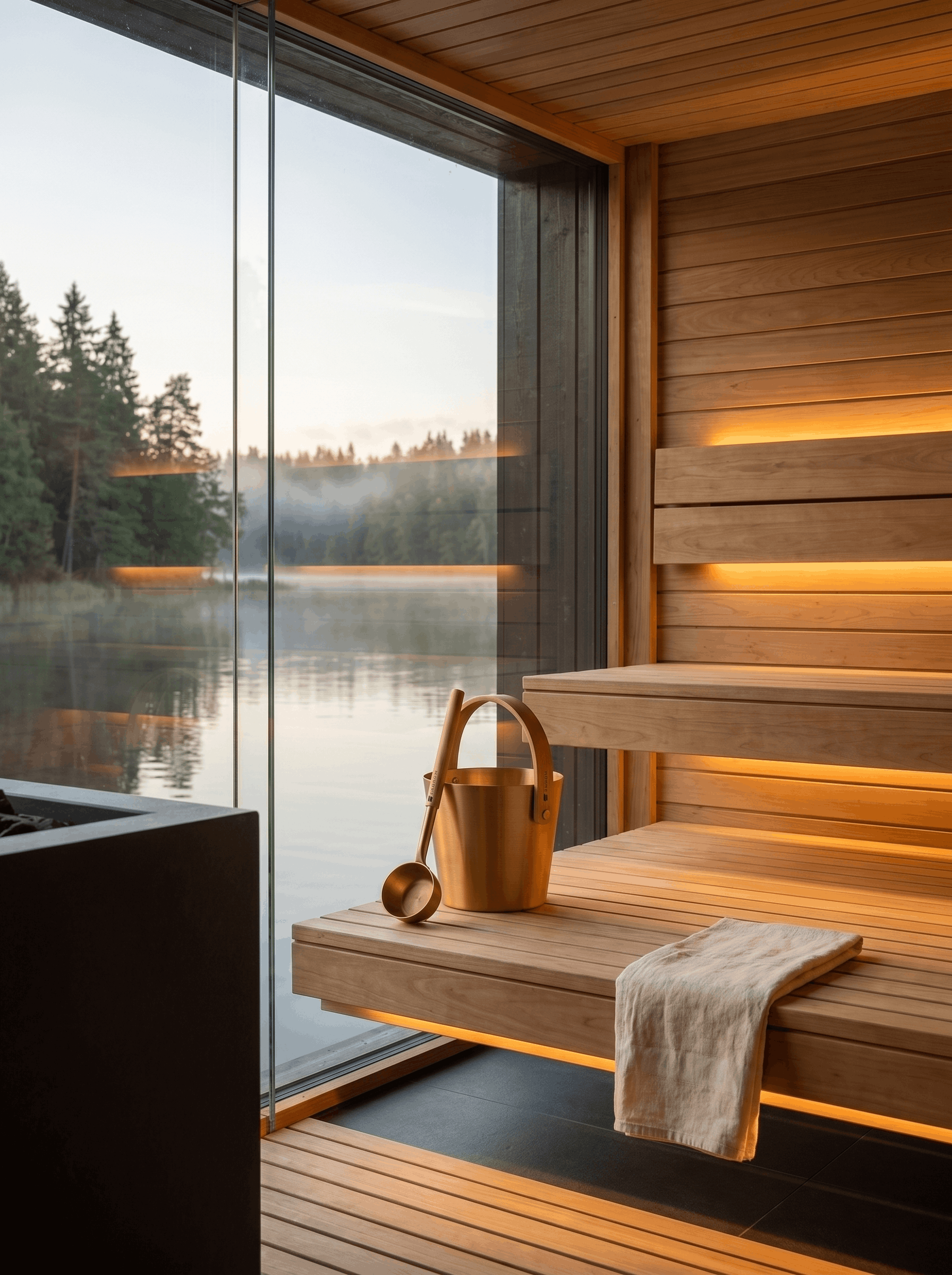 Gold sauna bucket and ladle on a wooden bench inside a modern sauna overlooking a lake
