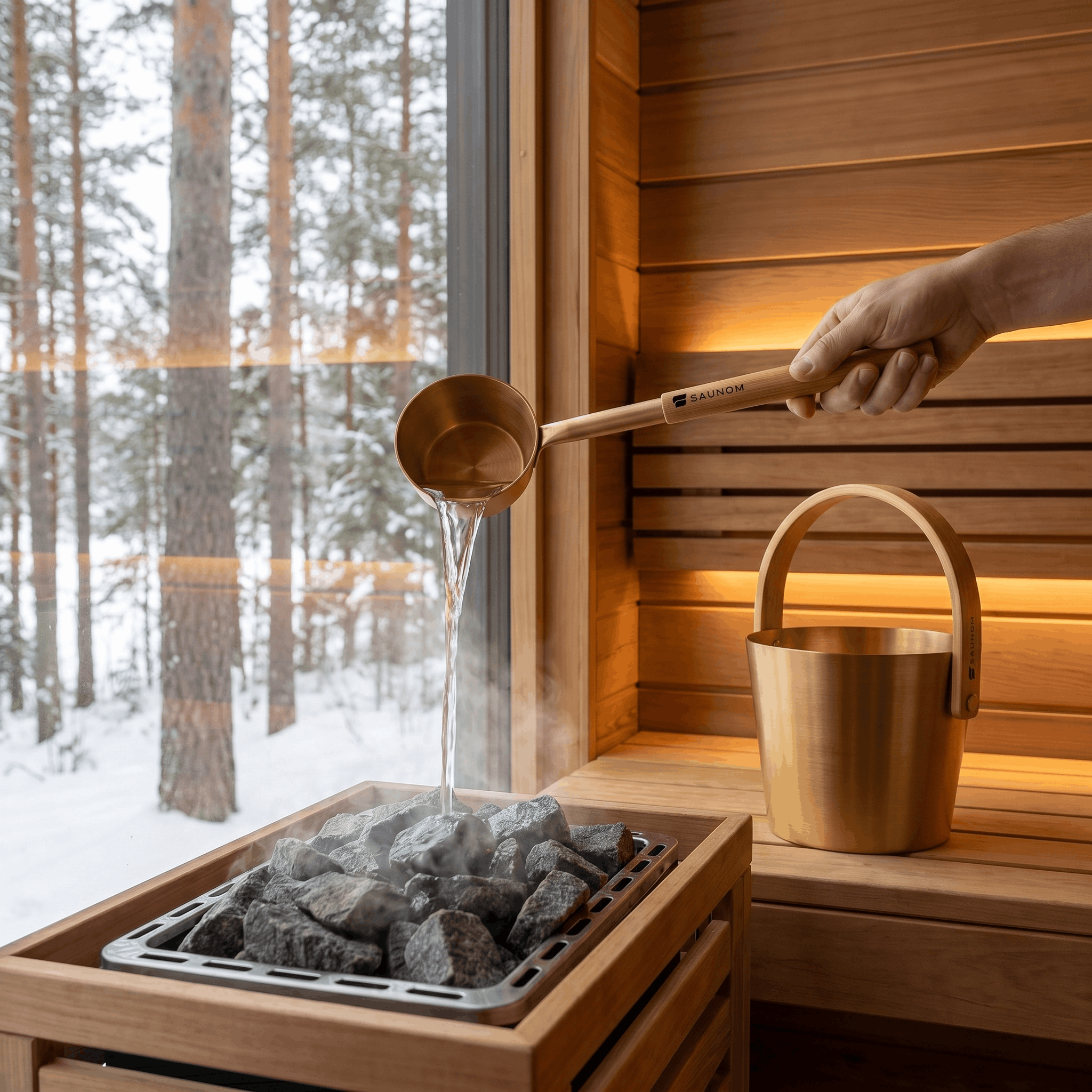 Gold SAUNOM ladle pouring water onto sauna stones with steam rising beside a matching water bucket