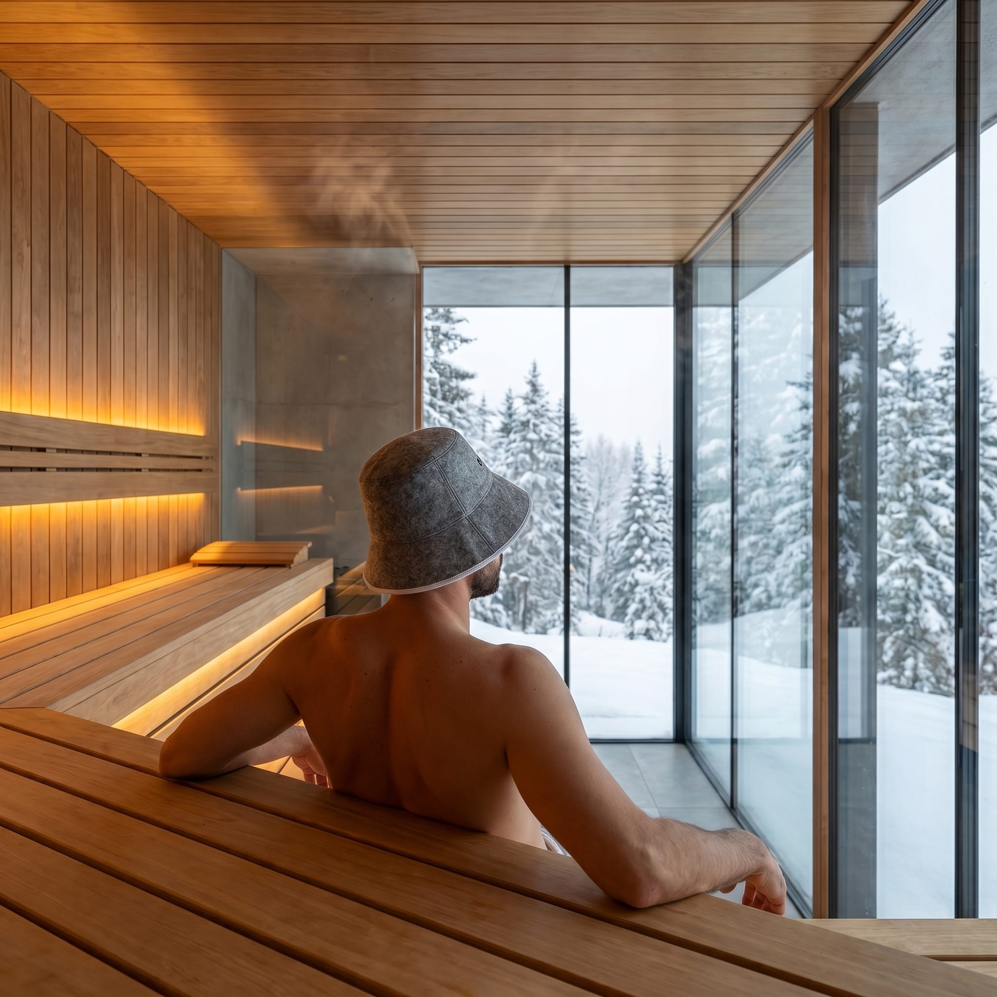 Grey wool bucket-style sauna hat displayed inside a modern wooden sauna