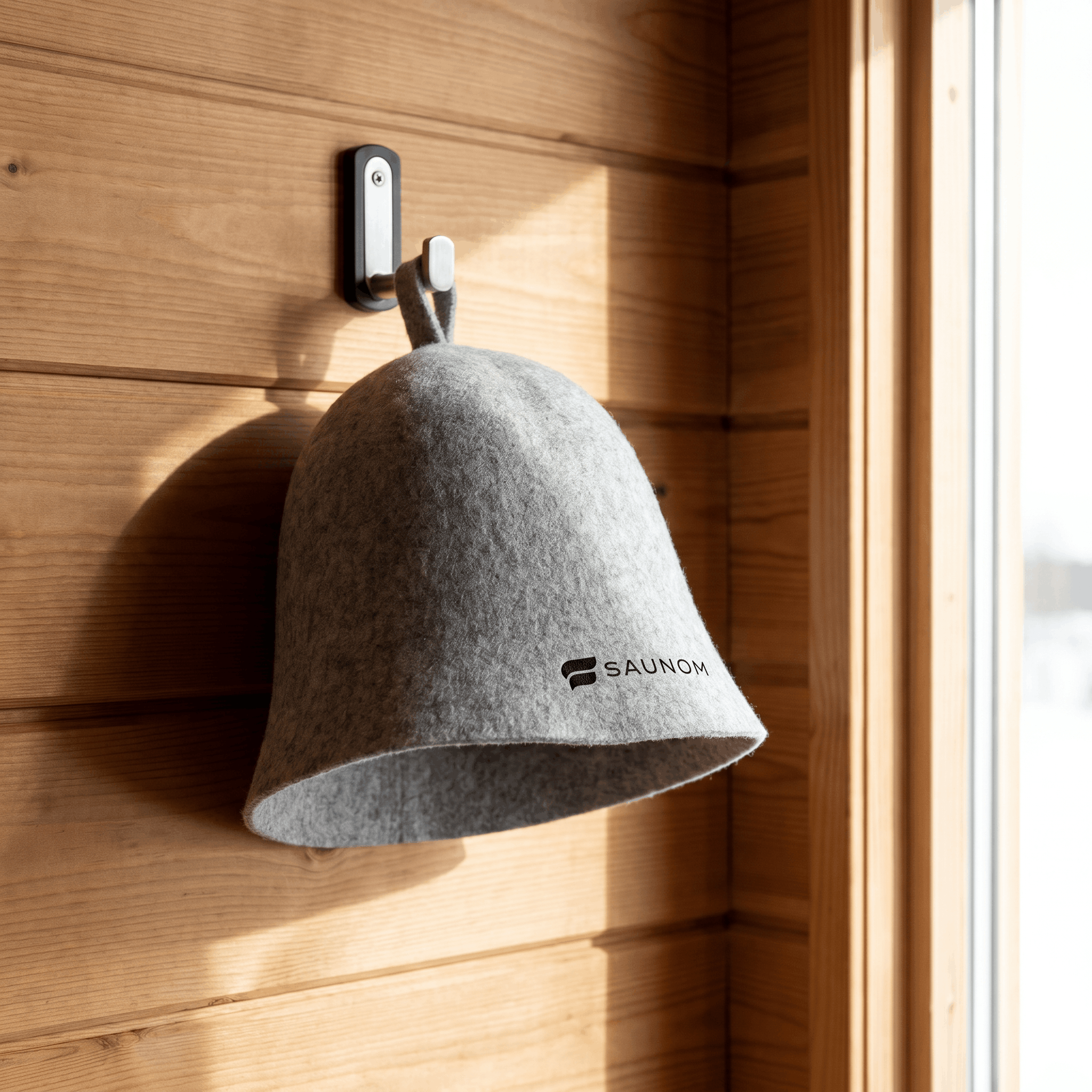 Grey wool sauna hat hanging on a wall hook inside a wooden sauna