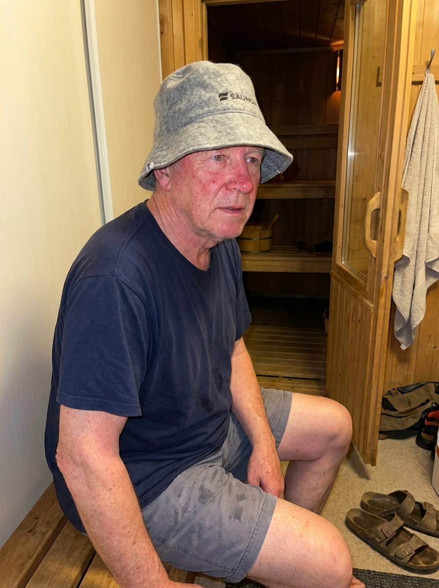 Man wearing a grey wool bucket-style sauna hat after a sauna session