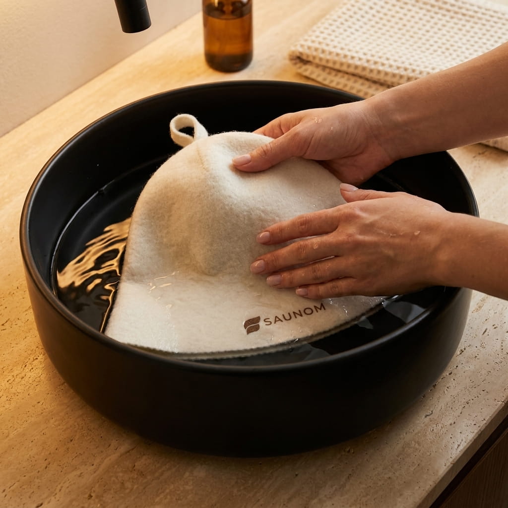 White wool sauna hat being gently hand washed in a black sink
