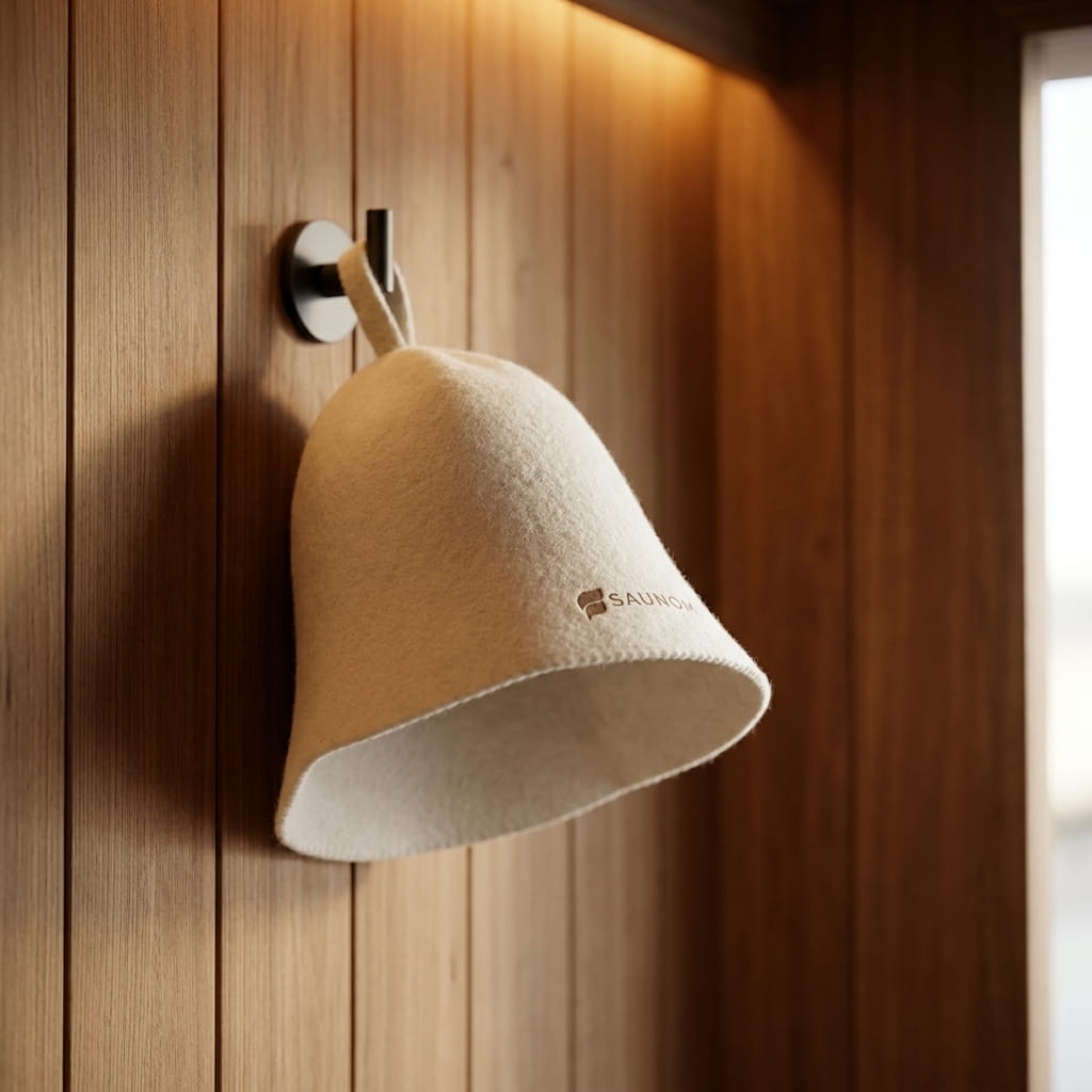 White wool sauna hat hanging on a wall hook inside a wooden sauna