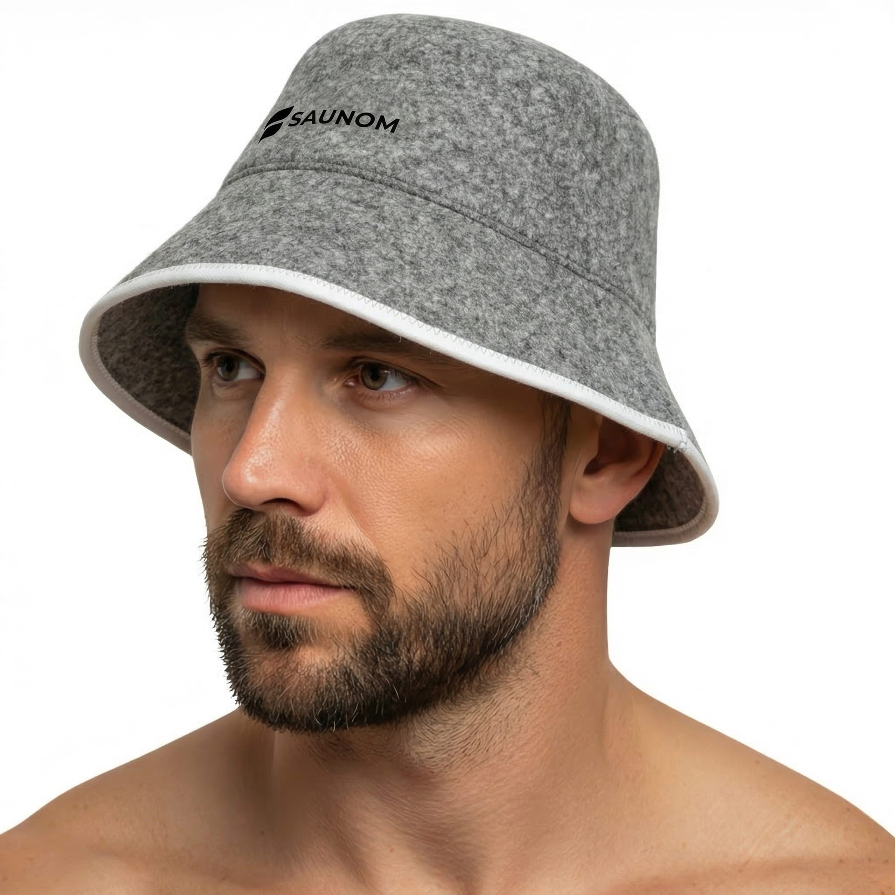 Grey SAUNOM sauna hat with contrasting stitched brim on a white background