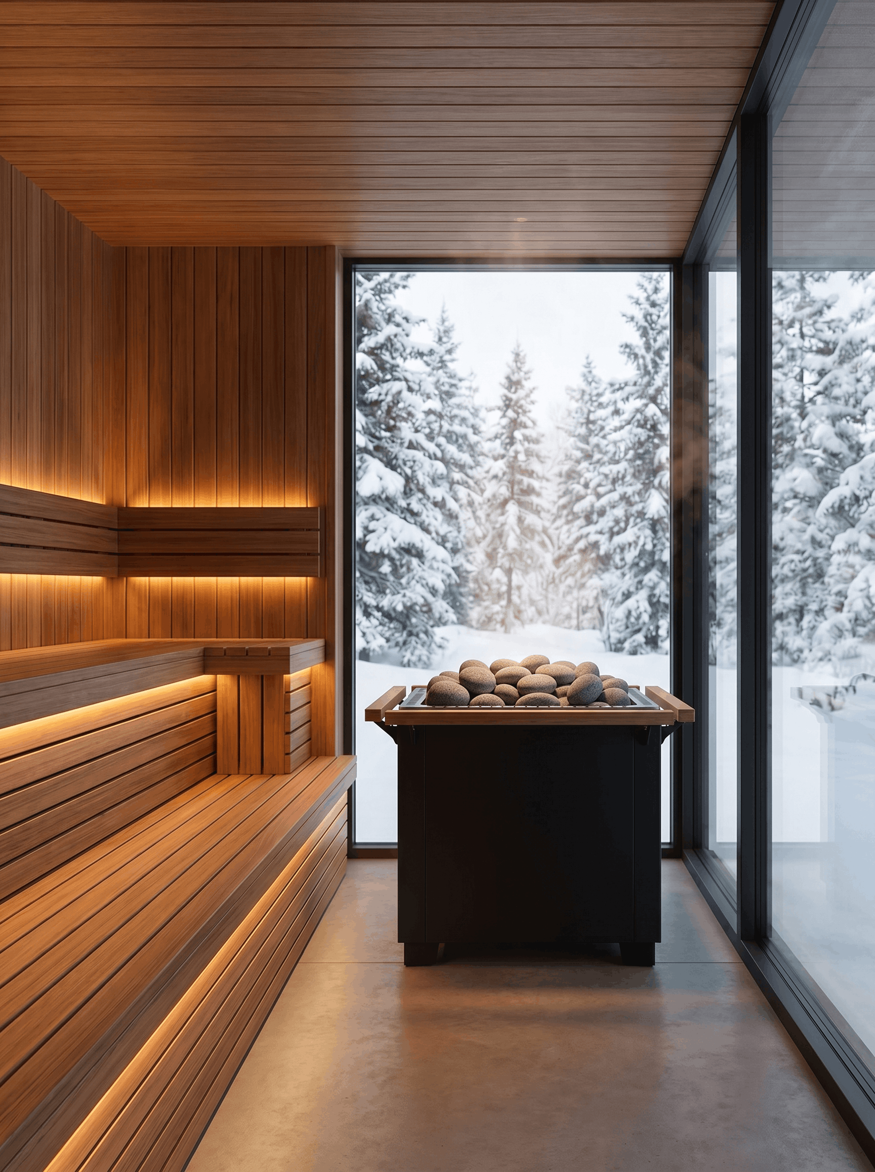 Sauna heater with rounded stones inside a warm wooden sauna overlooking a snowy winter forest