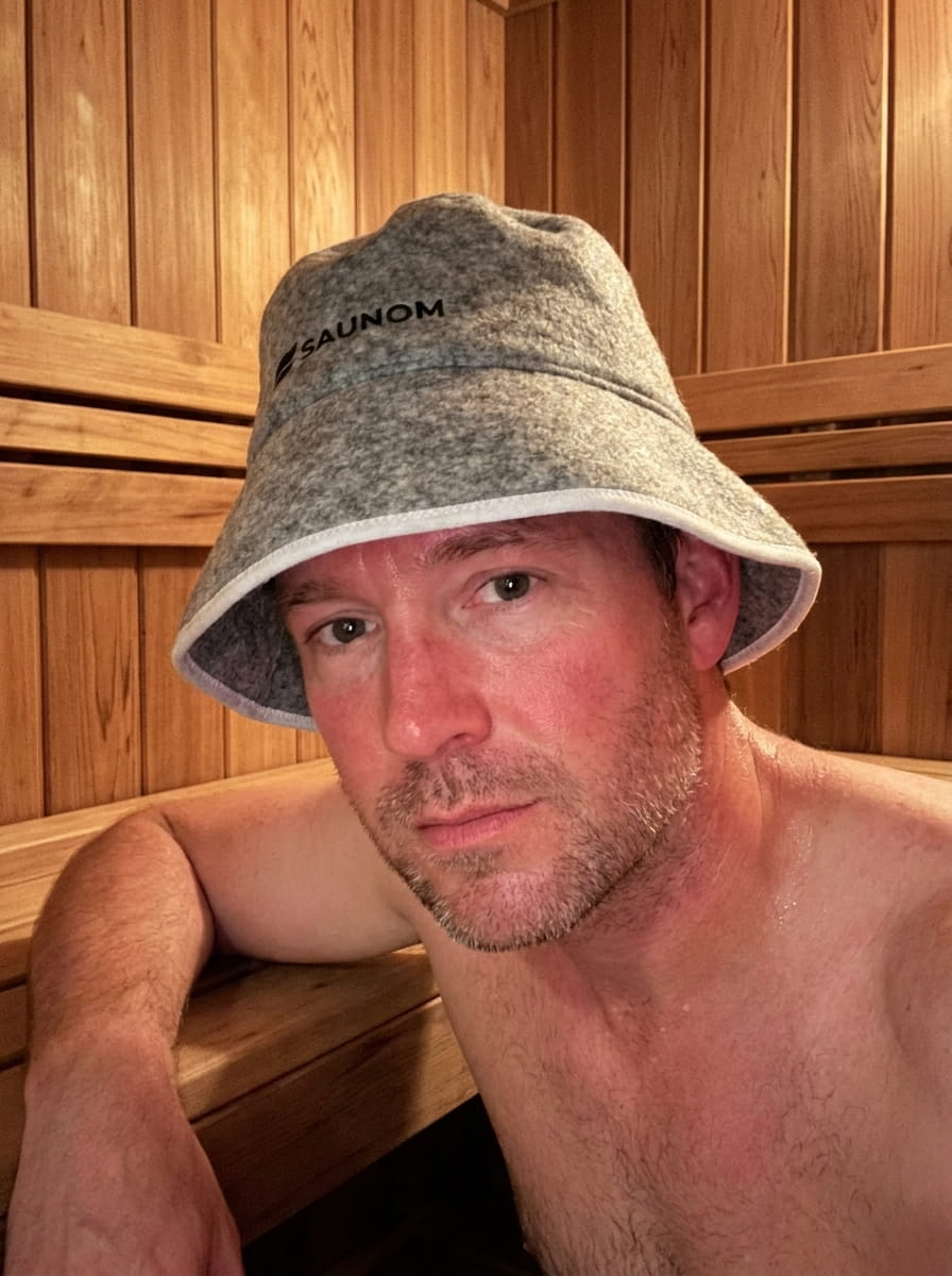 Man relaxing inside a wooden sauna while wearing a grey wool sauna hat
