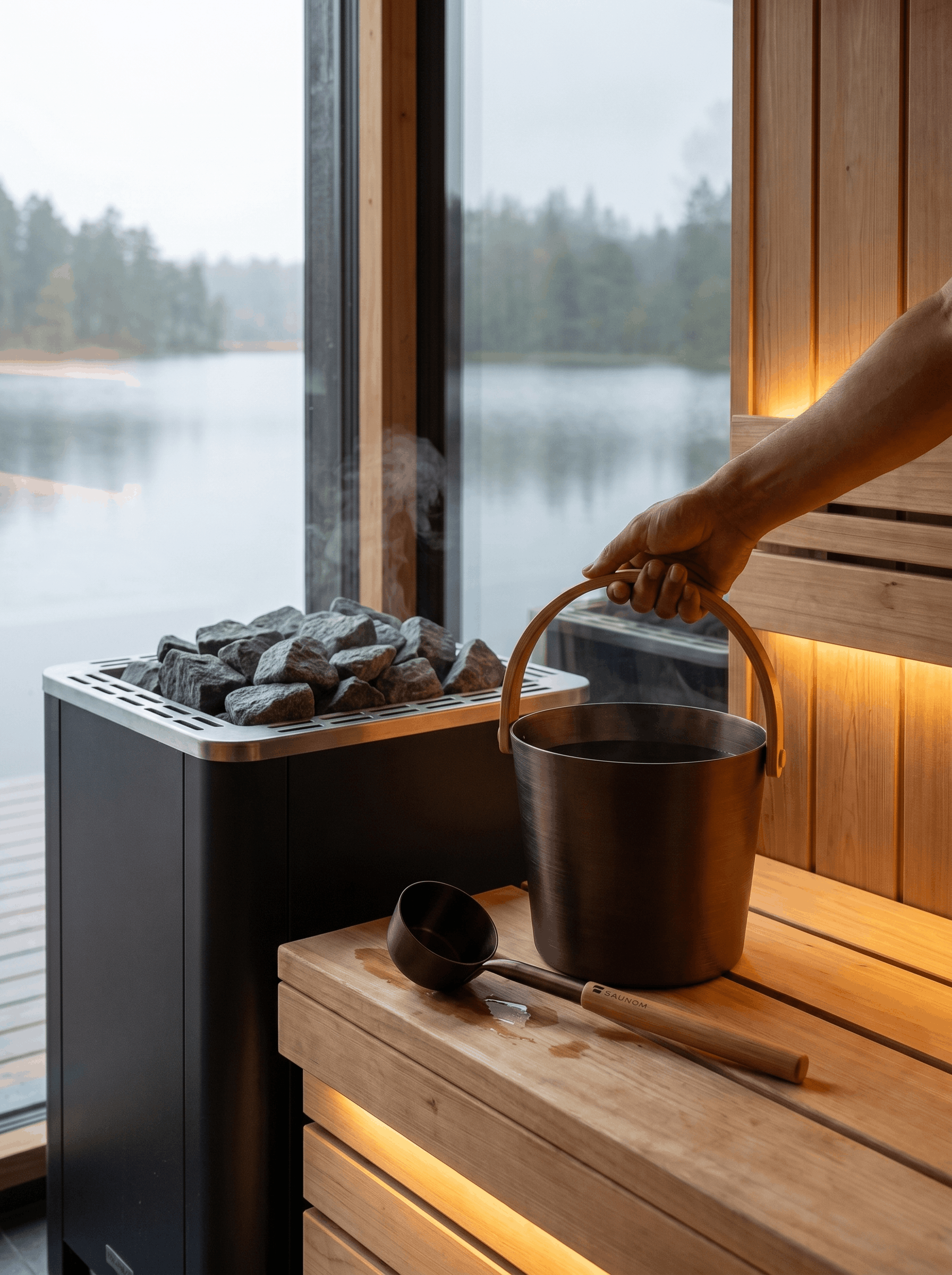 Hand lifting a SAUNOM bamboo-handled sauna bucket beside a ladle and steaming sauna heater stones