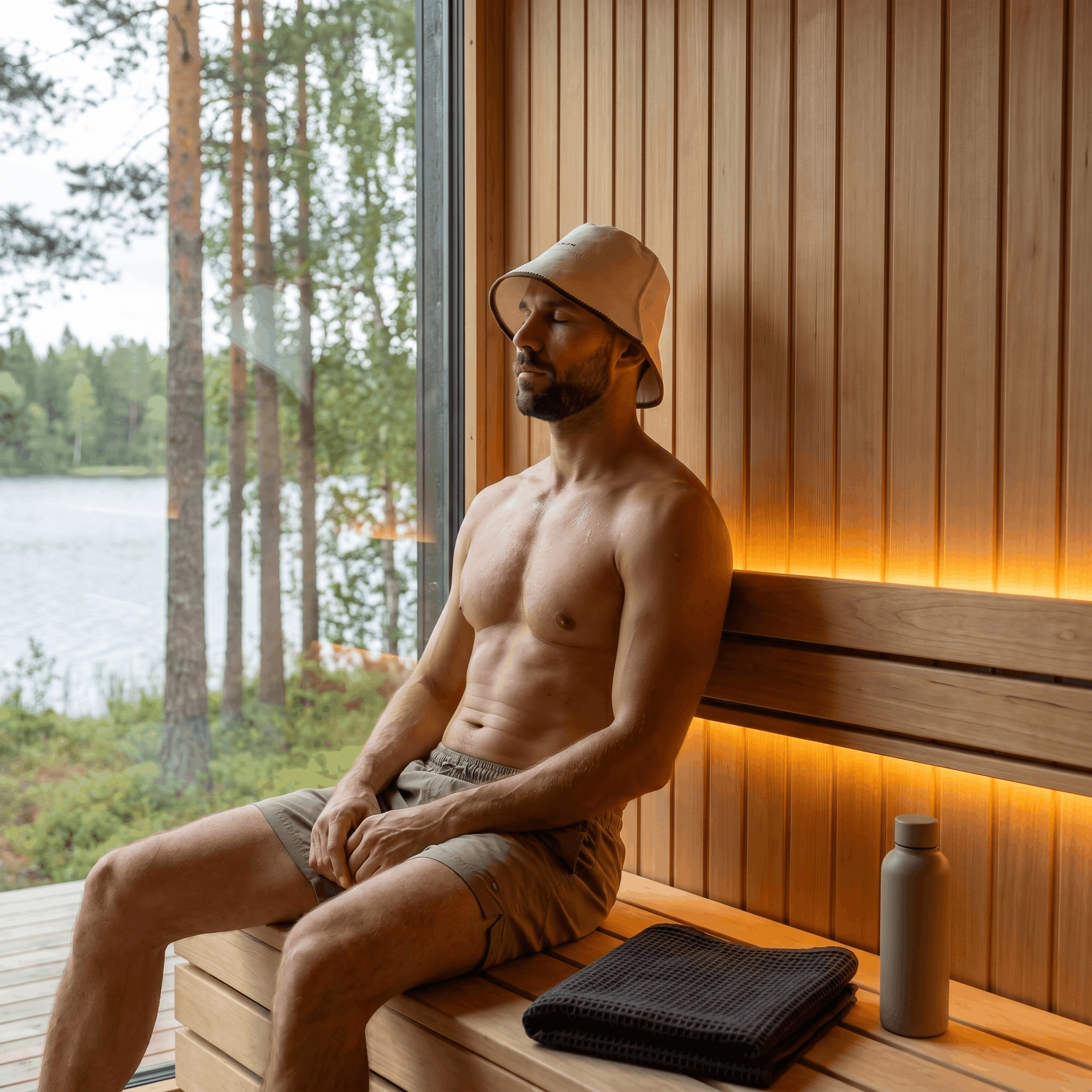 Man sitting in a sauna post workout with a view of a lake and forest