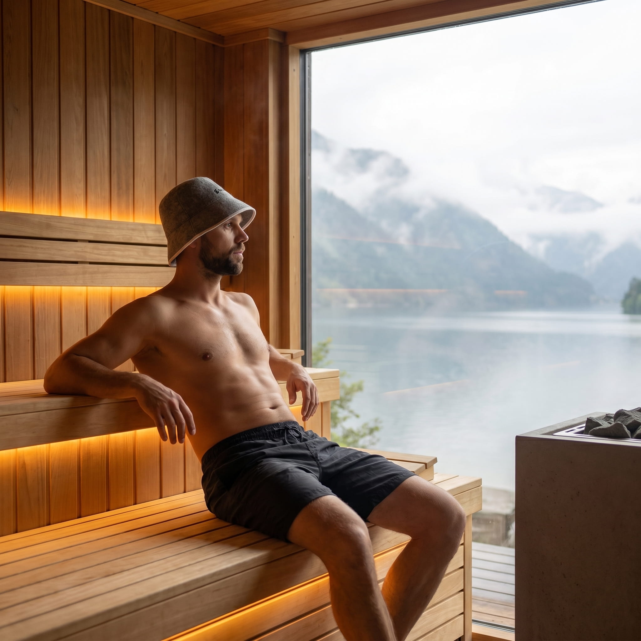 Man relaxing in a modern sauna while wearing a grey wool sauna hat with snowy forest view