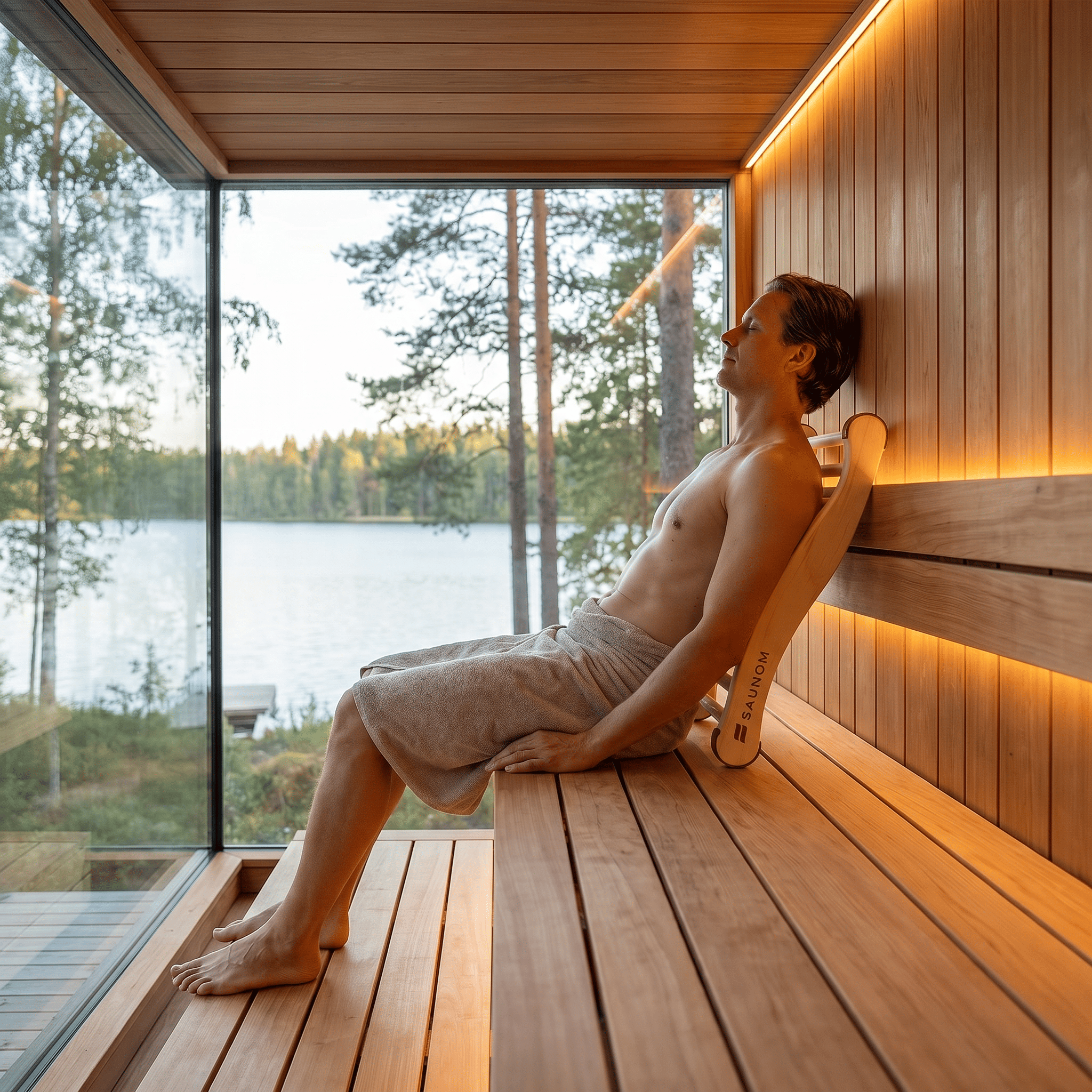 Man reclining comfortably in a modern sauna using a SAUNOM ergonomic wooden backrest
