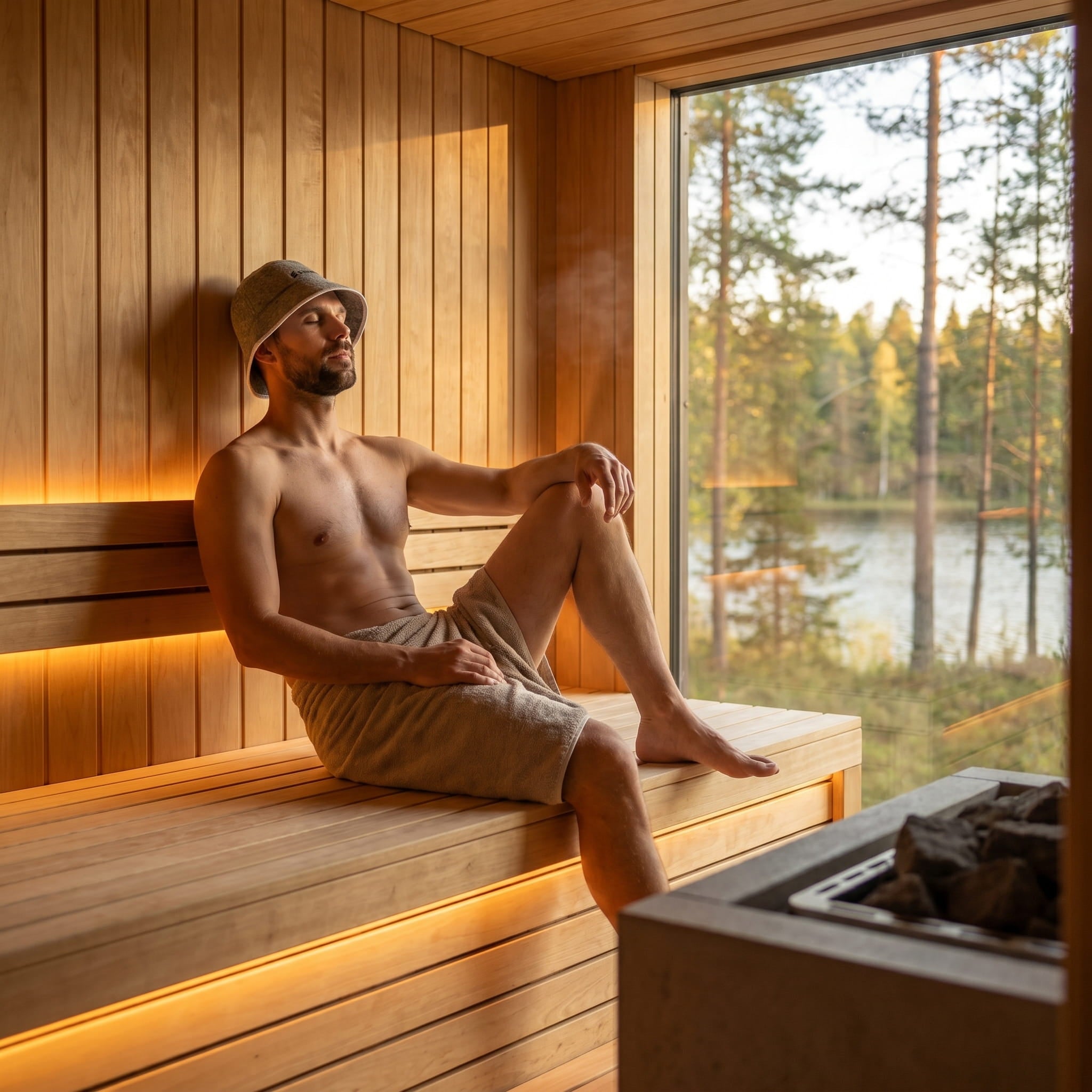 Man wearing a grey wool sauna hat while relaxing in a lakeside sauna